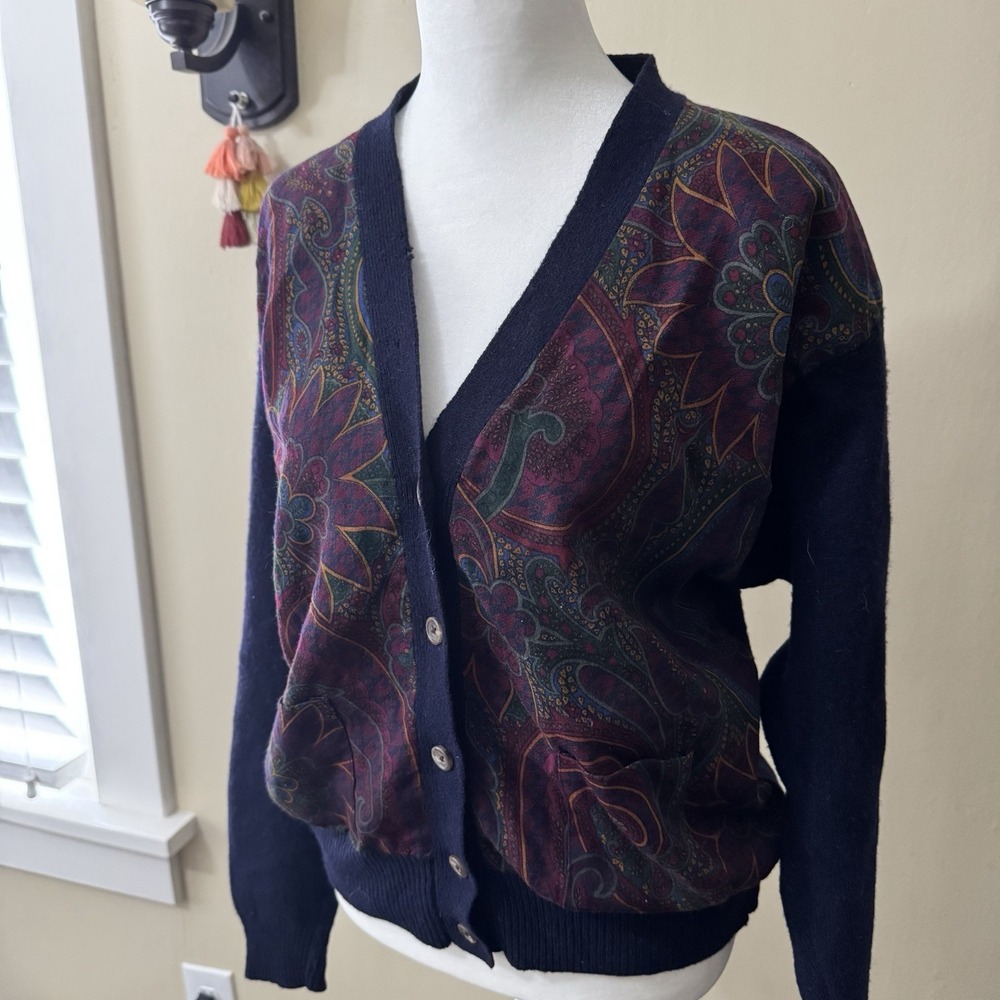 Ralph Lauren Women's VTG 100% Wool Paisley Cardigan Medium Navy Rare 90s‎ Retro